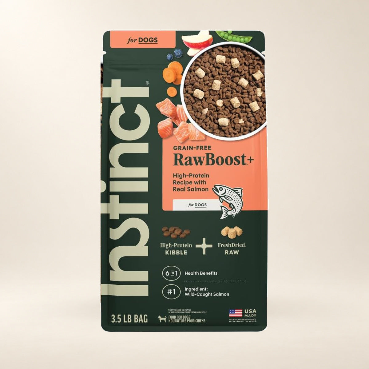 Instinct RawBoost Salmon Dog Food – 3.5 lb — authentic packaging on a cream background