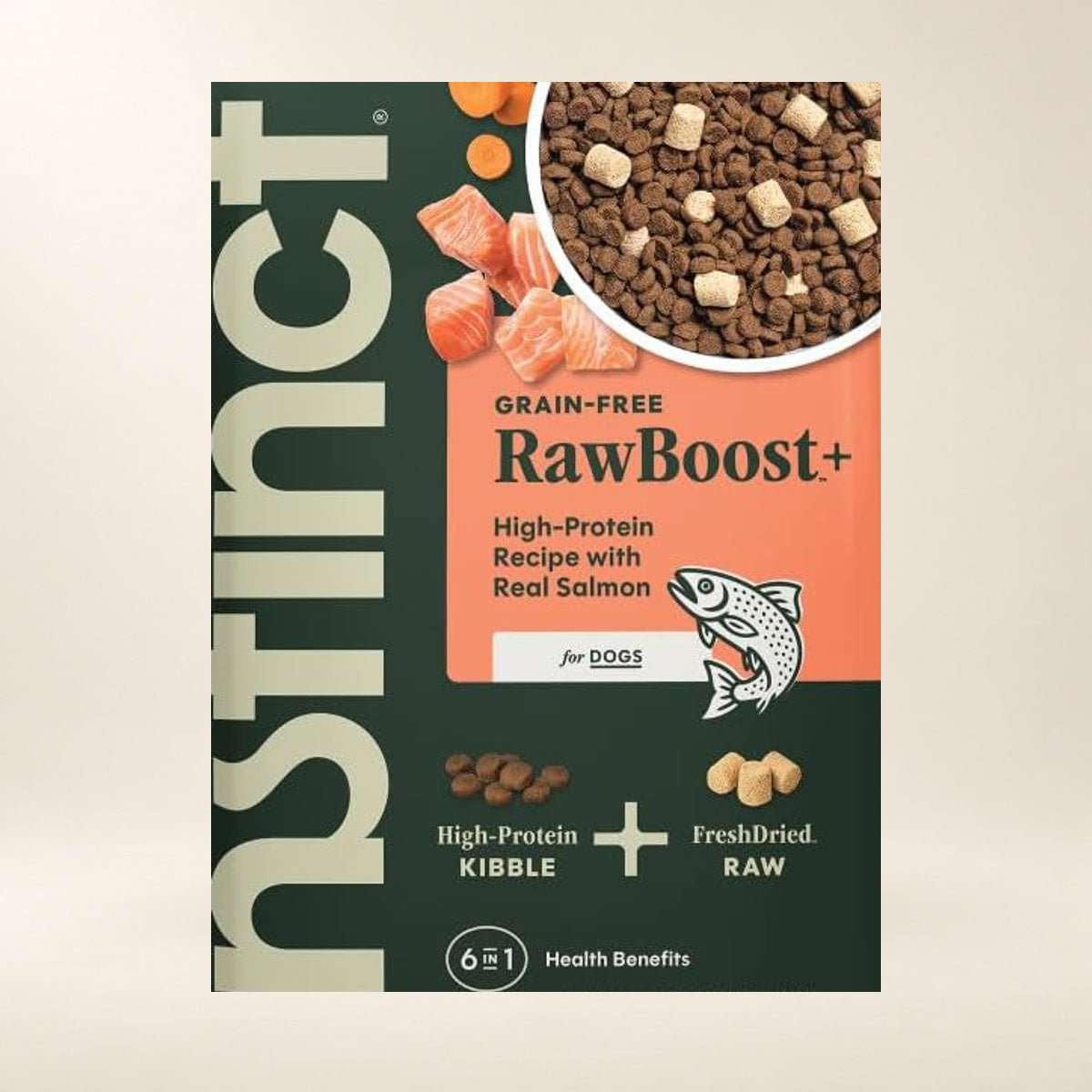 Instinct RawBoost Salmon Dog Food – 3.5 lb — close-up of the authentic packaging label