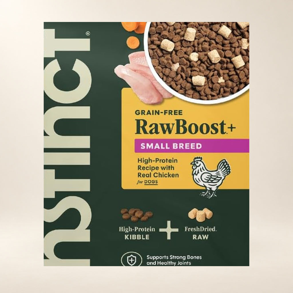 Instinct RawBoost Small Breed Chicken Dog Food – 10 lb — close-up of the authentic packaging label