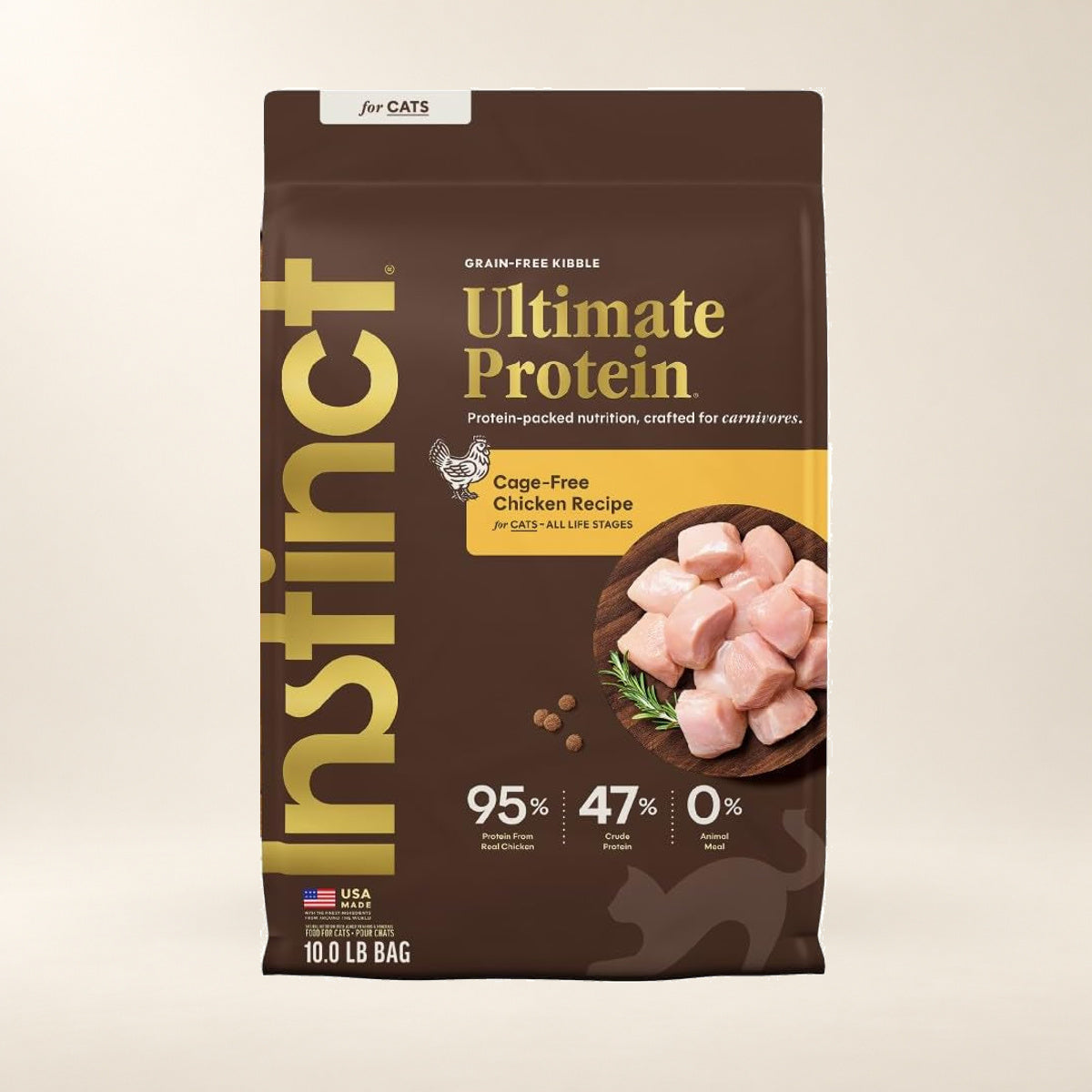 Instinct Ultimate Protein Chicken Dry Cat Food – 10 lb — authentic packaging on a cream background