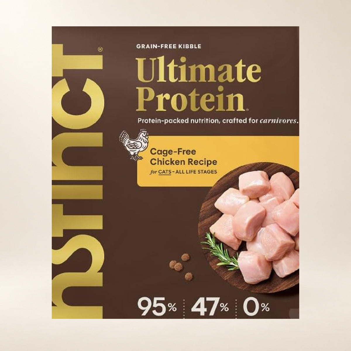Instinct Ultimate Protein Chicken Dry Cat Food – 10 lb — close-up of the authentic packaging label