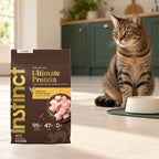 Instinct Ultimate Protein Chicken Dry Cat Food – 10 lb — packaging in a cream and forest-green mealtime scene