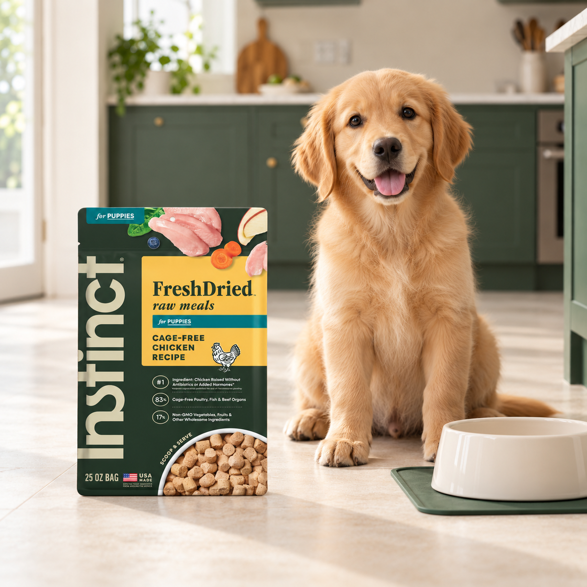 Instinct FreshDried Chicken Puppy Meals – 25 oz in a cream and forest-green mealtime scene