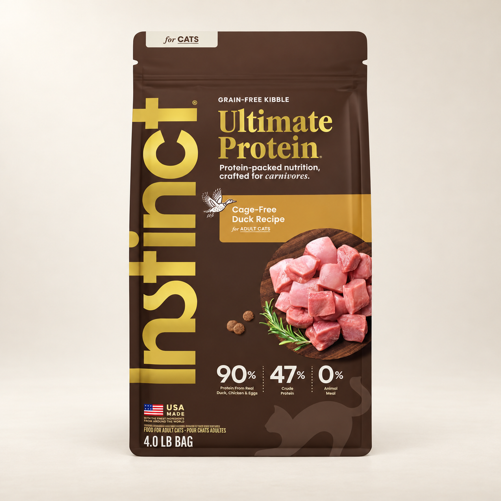 Instinct Ultimate Protein Duck Cat Food – 4 lb on a warm cream background