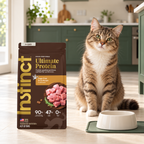 Instinct Ultimate Protein Duck Cat Food – 4 lb in a cream and forest-green mealtime scene