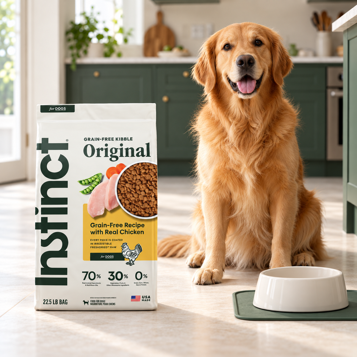 Instinct Original Chicken Dry Dog Food – 22.5 lb in a cream and forest-green mealtime scene