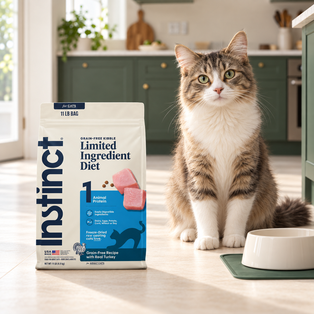 Instinct Limited Ingredient Turkey Cat Food – 11 lb in a cream and forest-green mealtime scene