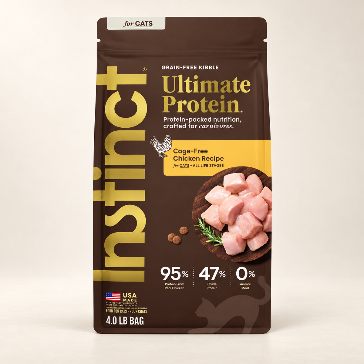Instinct Ultimate Protein Chicken Cat Food – 4 lb on a warm cream background