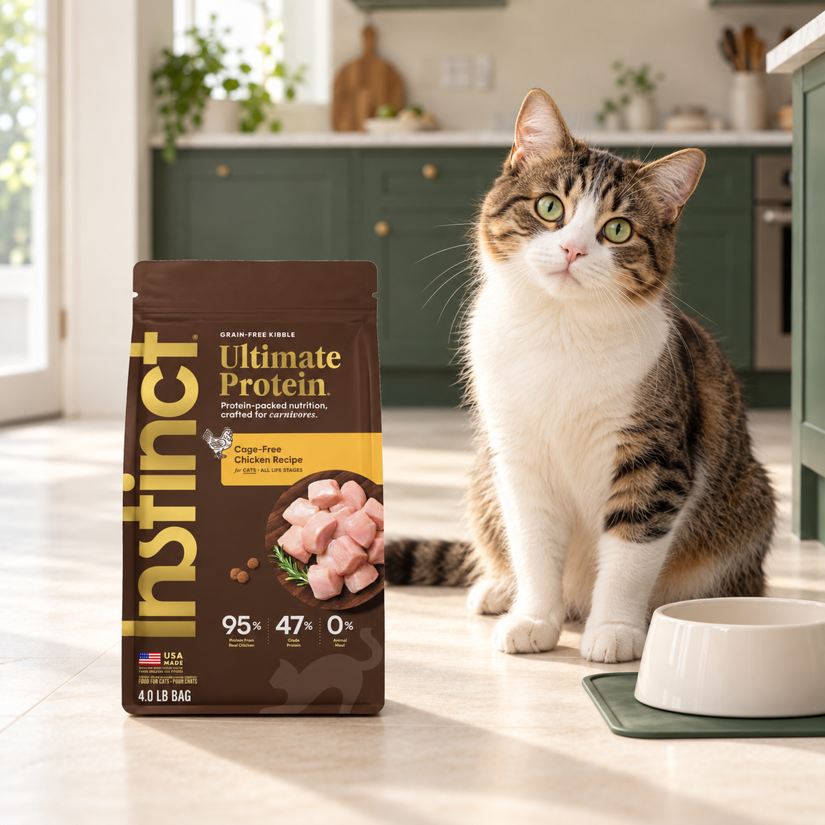 Instinct Ultimate Protein Chicken Cat Food – 4 lb in a cream and forest-green mealtime scene
