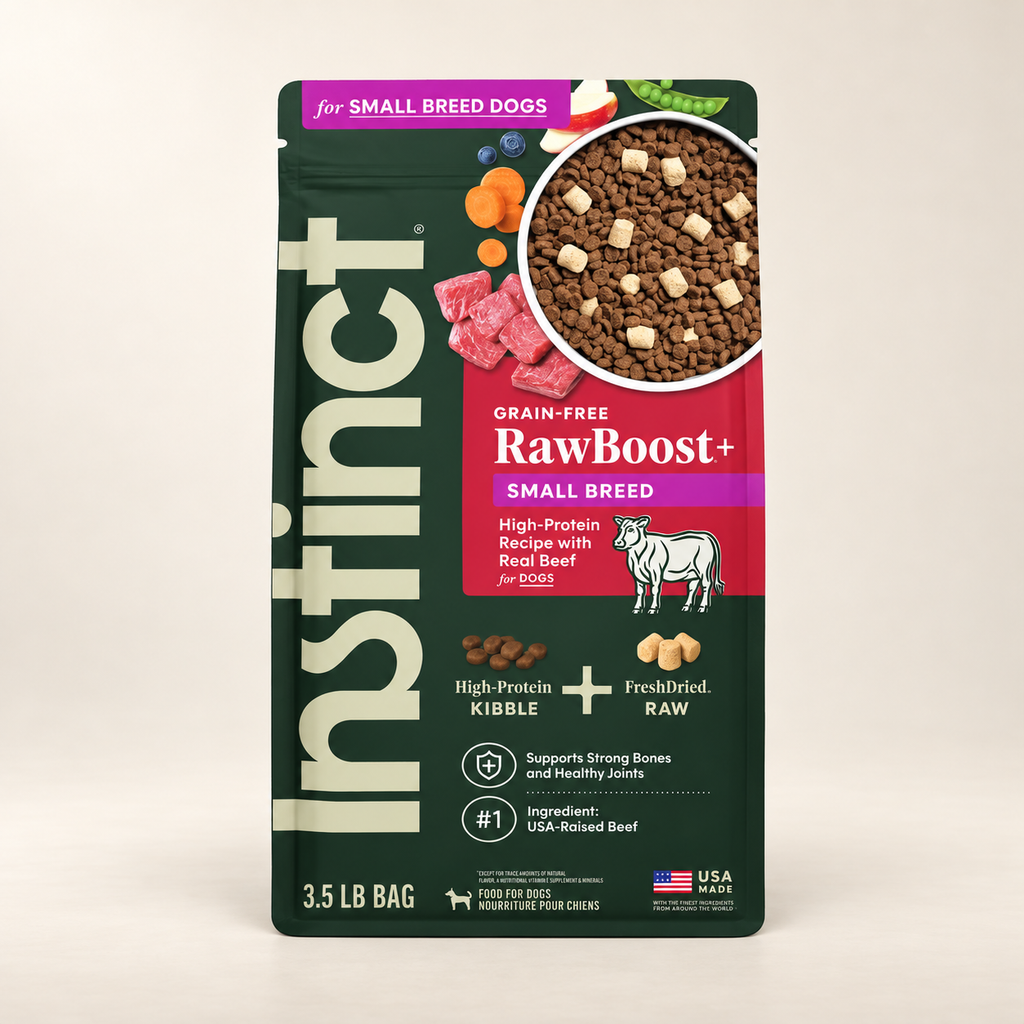 Instinct RawBoost Small Breed Beef Dog Food – 3.5 lb on a warm cream background