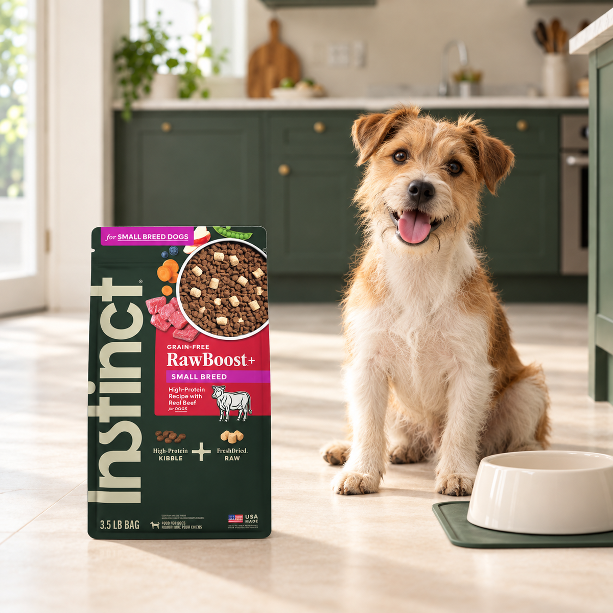 Instinct RawBoost Small Breed Beef Dog Food – 3.5 lb in a cream and forest-green mealtime scene