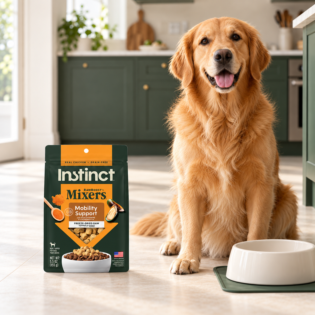 Instinct Mobility Support Dog Mixers – 5.5 oz in a cream and forest-green mealtime scene