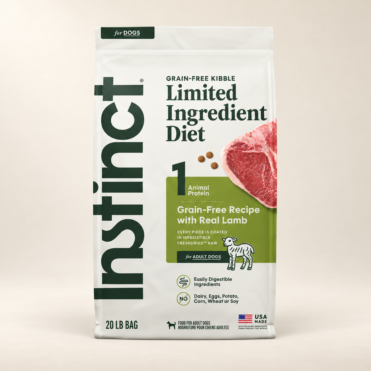Instinct Limited Ingredient Lamb Dog Food – 20 lb on a cream background