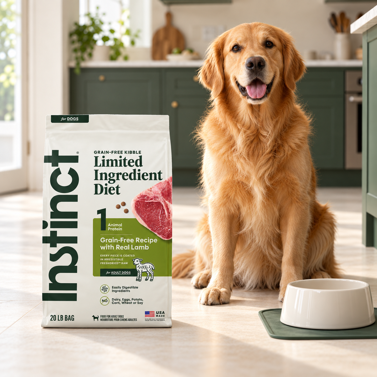 Instinct Limited Ingredient Lamb Dog Food – 20 lb in a cream and forest-green mealtime scene