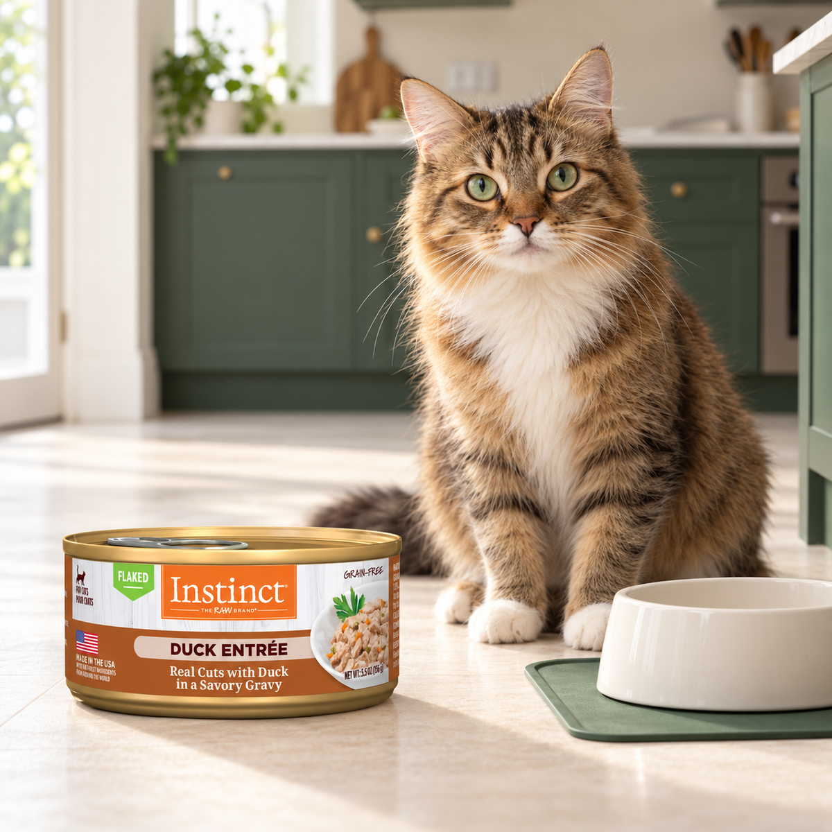 Instinct Duck Flaked Wet Cat Food – 12 × 5.5 oz in a cream and forest-green mealtime scene
