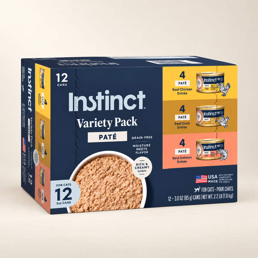 Instinct Pâté Variety Cat Food – 12 × 3 oz on a cream background