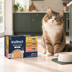 Instinct Pâté Variety Cat Food – 12 × 3 oz in a cream and forest-green mealtime scene