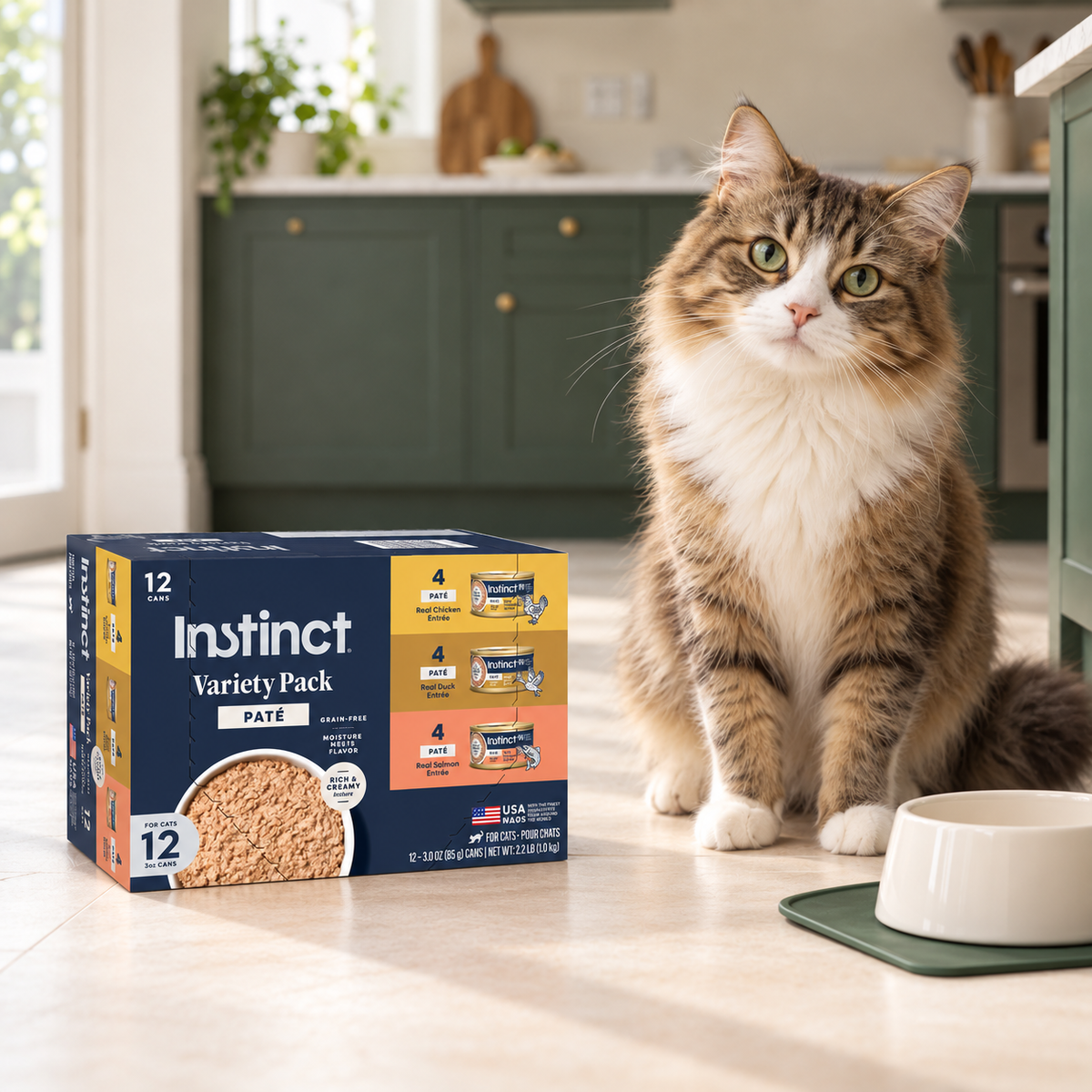 Instinct Pâté Variety Cat Food – 12 × 3 oz in a cream and forest-green mealtime scene