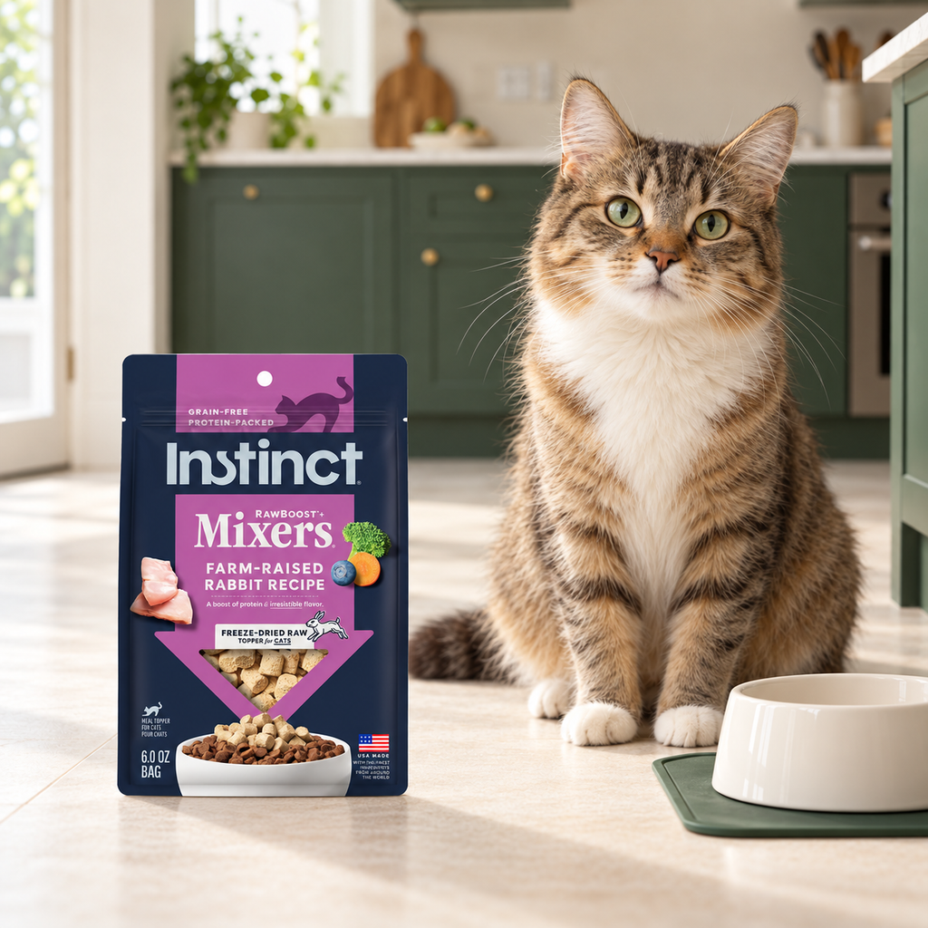 Instinct Rabbit Mixers Cat Topper – 6 oz in a cream and forest-green mealtime scene