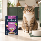 Instinct Rabbit Mixers Cat Topper – 6 oz in a cream and forest-green mealtime scene