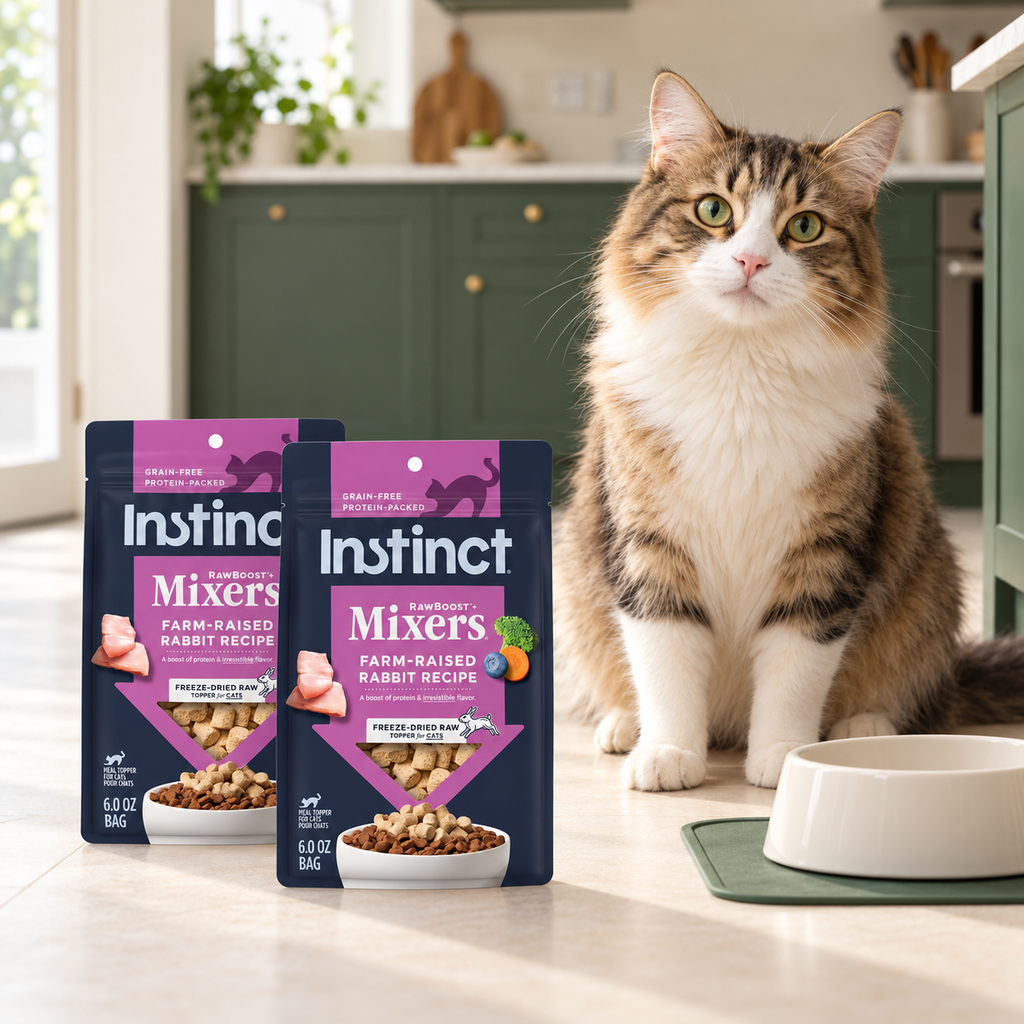 Instinct Rabbit Mixers Cat Topper – 2 × 6 oz in a cream and forest-green mealtime scene