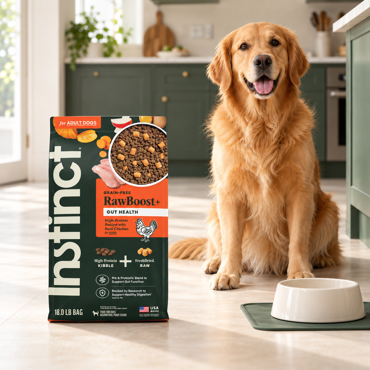 Instinct RawBoost Gut Health Chicken Dog Food – 18 lb in a cream and forest-green mealtime scene