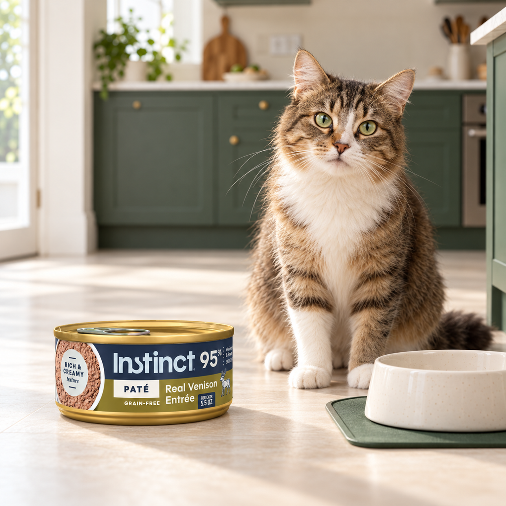Instinct Original Venison Pâté Cat Food – 12 × 5.5 oz in a cream and forest-green mealtime scene