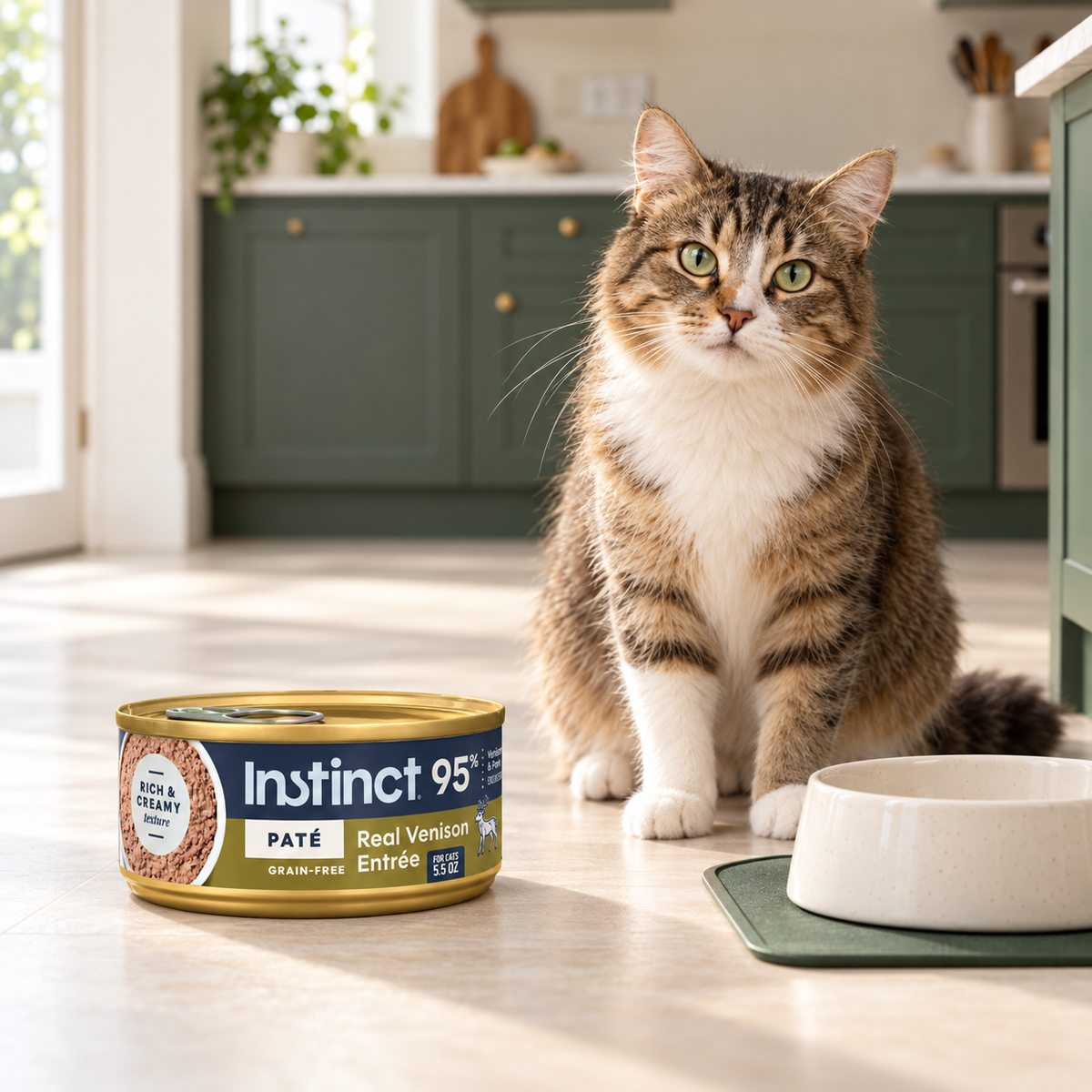Instinct Original Venison Pâté Cat Food – 12 × 5.5 oz in a cream and forest-green mealtime scene