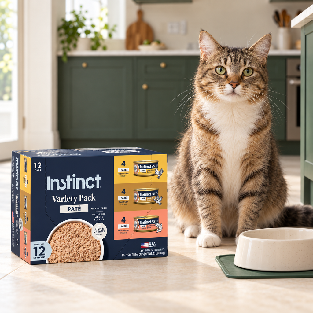 Instinct Pâté Variety Cat Food – 12 × 5.5 oz in a cream and forest-green mealtime scene