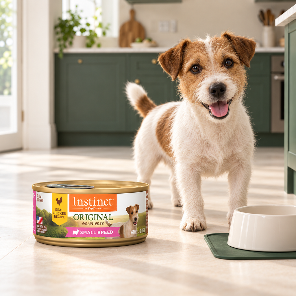 Instinct Original Small Breed Chicken Wet Dog Food – 12 × 5.5 oz in a cream and forest-green mealtime scene