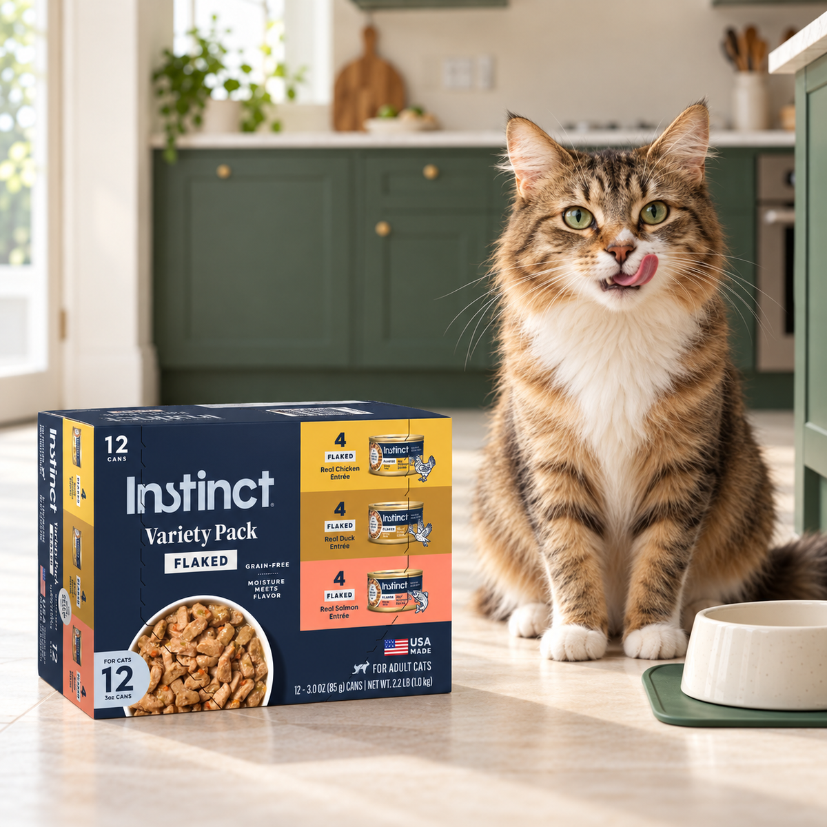 Instinct Flaked Variety Cat Food – 12 × 3 oz in a cream and forest-green mealtime scene