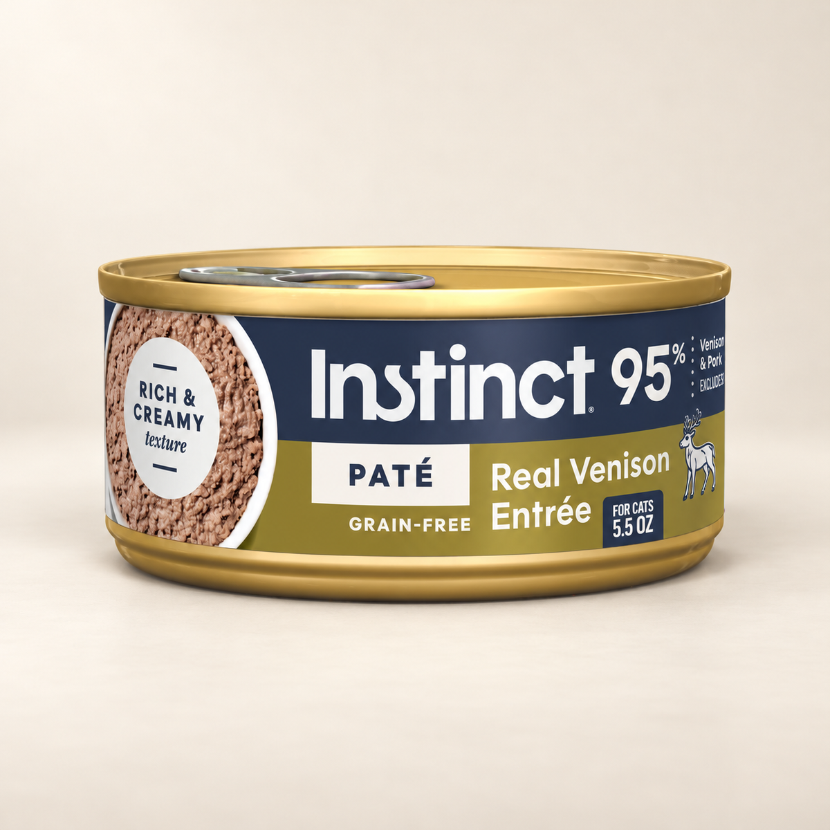 Instinct Original Venison Pâté Cat Food – 12 × 5.5 oz on a warm cream background