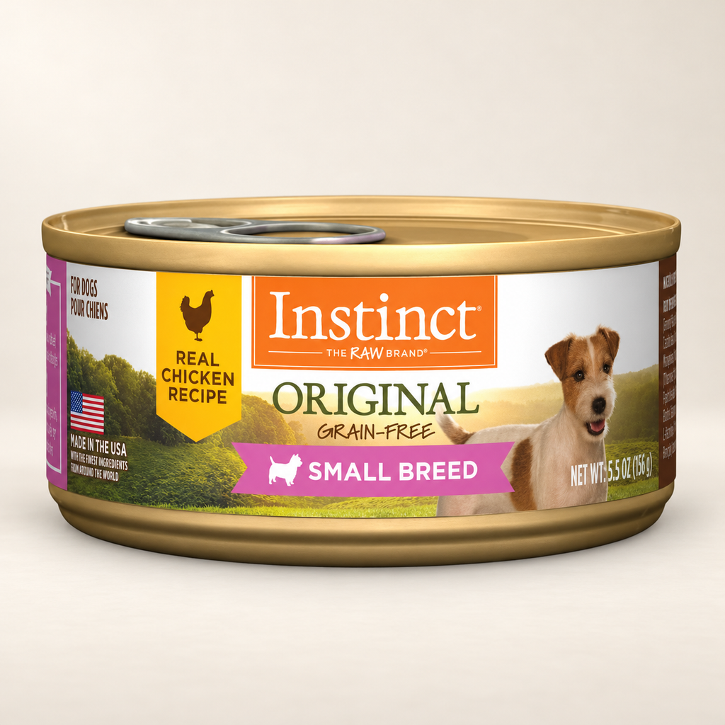 Instinct Original Small Breed Chicken Wet Dog Food – 12 × 5.5 oz on a warm cream background