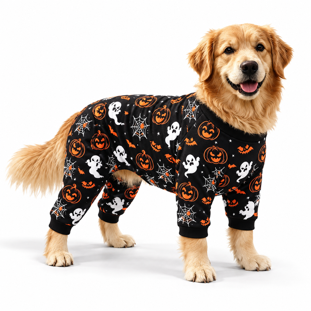 Pet wearing pajamas costume on white — AI styled from actual product references