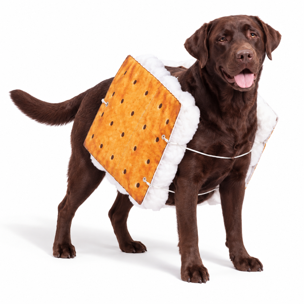 Pet wearing smore costume on white — AI styled from actual product references