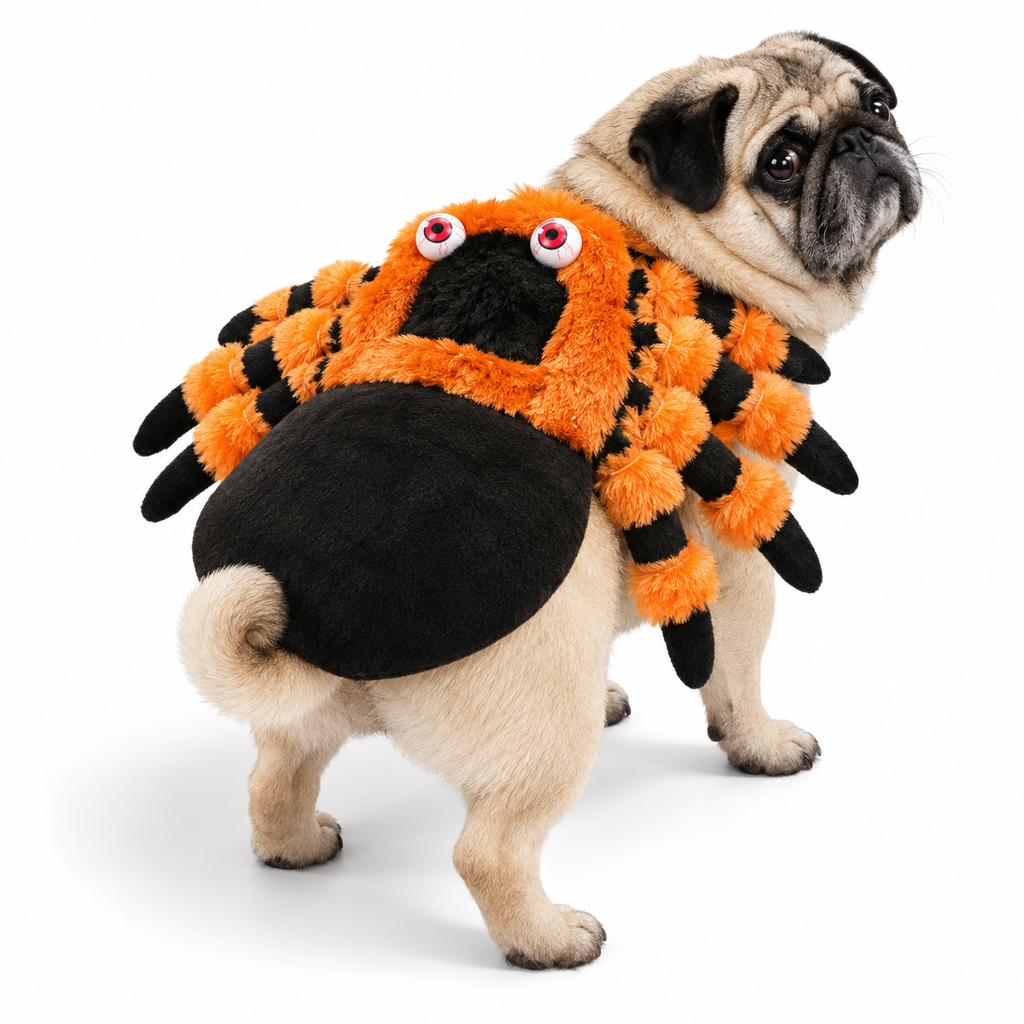Pet wearing spider costume on white — AI styled from actual product references