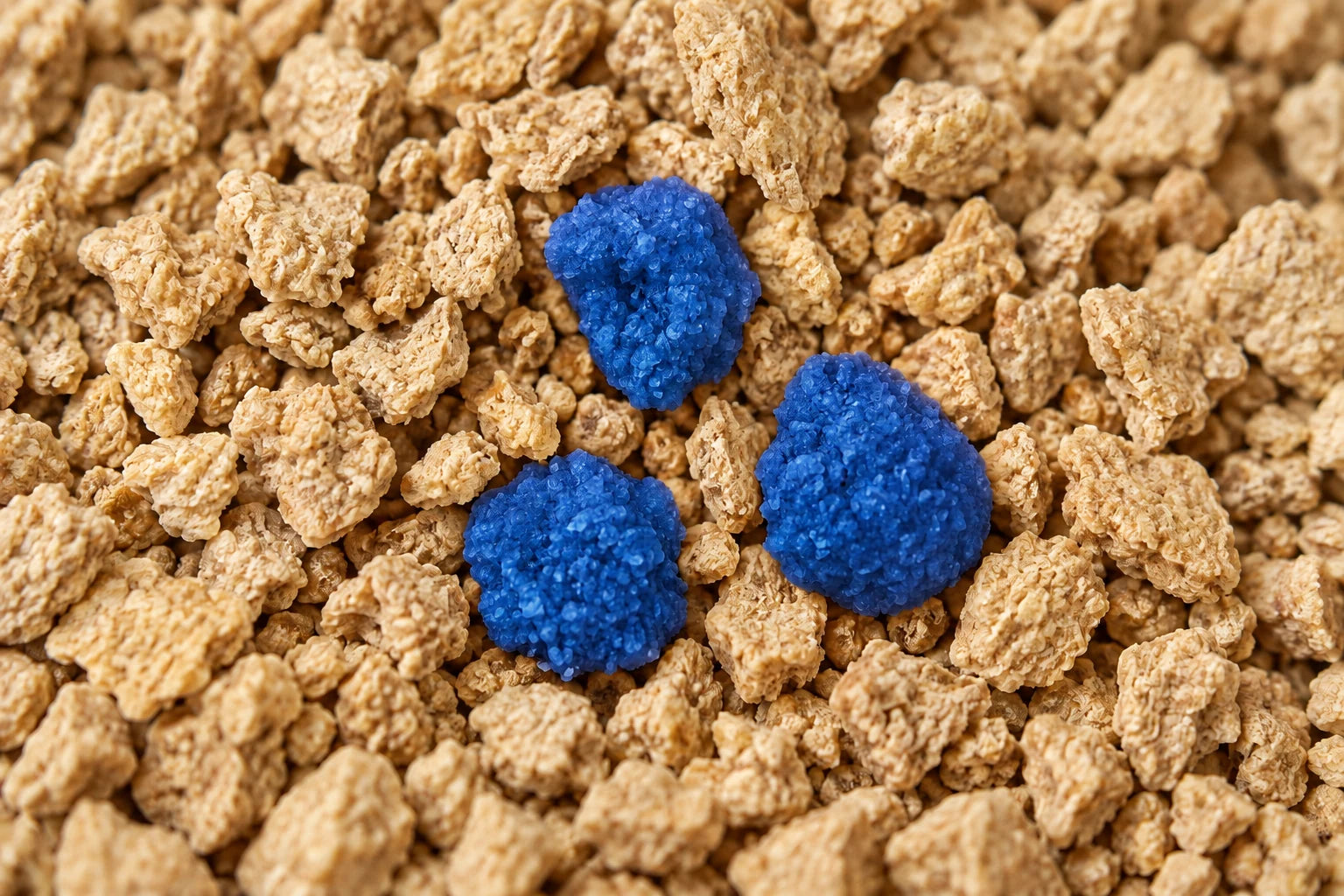 Illustration of blue indicator granules on natural corn litter