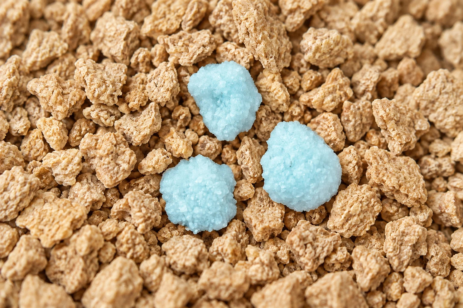 Illustration of light blue indicator granules on natural corn litter